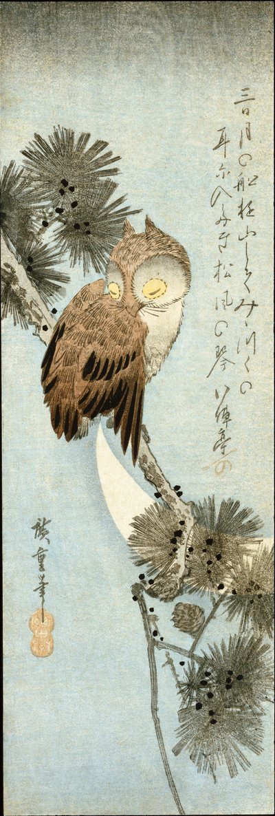 La Luna Creciente y el Búho Posado en Ramas de Pino de Ando or Utagawa Hiroshige