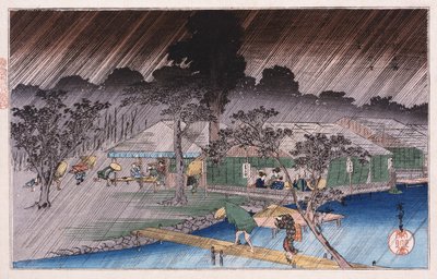 Lluvia al atardecer en la orilla de Tadasu, de la serie Lugares famosos de Kioto de Ando or Utagawa Hiroshige