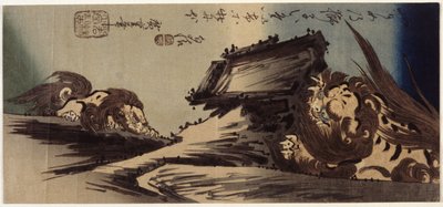 Dos leones en un acantilado (xilografía en color) de Ando or Utagawa Hiroshige
