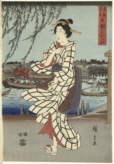 Mujer caminando en la orilla de un río, pub.1848 de Ando or Utagawa Hiroshige