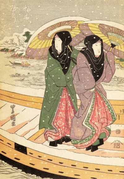 Mujeres caminando sobre un puente en la nieve, pub.1848 de Ando or Utagawa Hiroshige