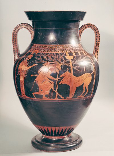 Ánfora de figuras rojas áticas que representa a Heracles capturando a Cerbero, griego, de Atenas, siglo VI a.C. de Andokides Painter
