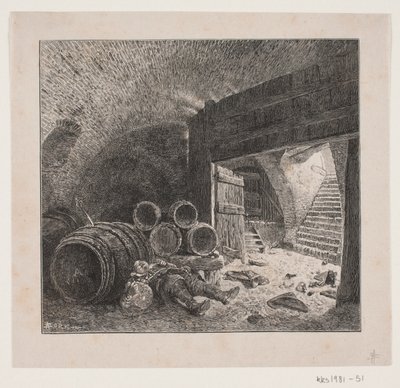 Hombre borracho durmiendo en una bodega de vino de André Bork