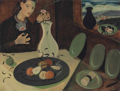 Plato de fruta y mujer con flores en un jarrón de Andre Derain