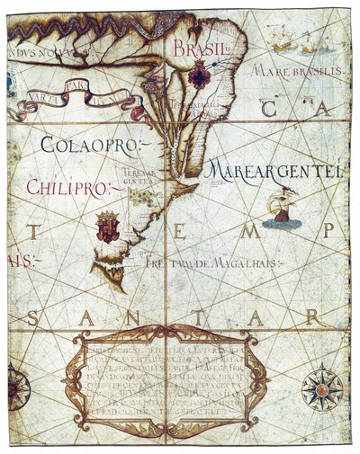 Mapa de América del Sur, in Universa ac Navigabilis Totius Terrarum Orbis Descriptio 1559 (manuscrito en color) de André Homem