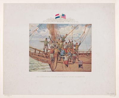 El barco de Henry Hudson, el Halve Maen, acercándose a la costa de América del Norte, 1609 ¡Tierra a la vista! La gente del barco del Halve Maen en la proa (título sobre el objeto) de André Vlaanderen