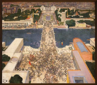La exposición internacional de 1937 vista desde el segundo piso de la Torre Eiffel, Al pie de la colina de Chaillot, se enfrentan los pabellones de la Unión Soviética a la izquierda y de la Alemania nazi a la derecha, Pintura de André Devambez (1867-1944). de Andre Devambez