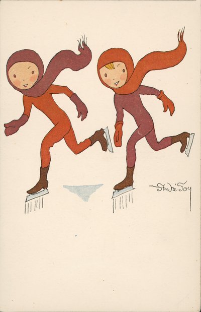 Dos niños patinando sobre hielo (litografía en color) de Andre Foy