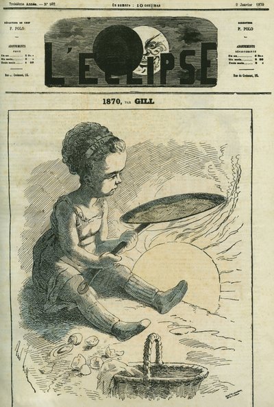 1870, cocina social: una niña cocina una crepe en una estufa calentada por el sol. Portada en “L