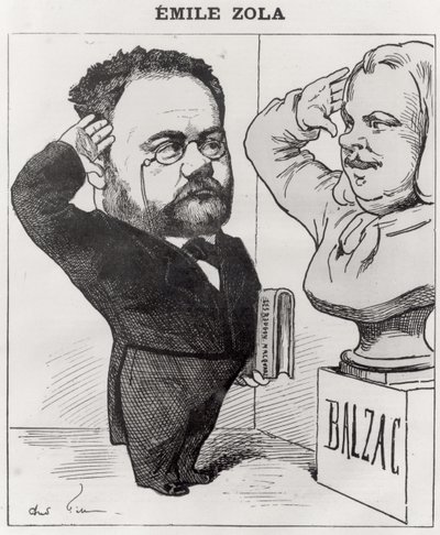 Caricatura de Emile Zola saludando un busto de Honoré de Balzac, 1878 de Andre Gill