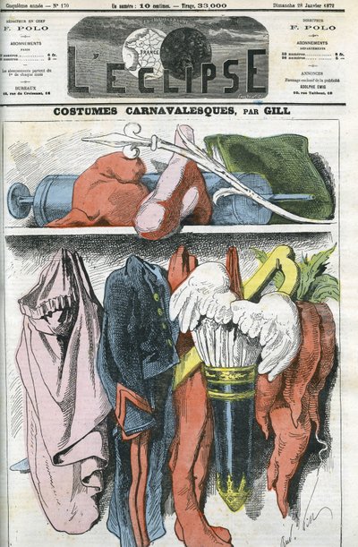 Disfraces de carnaval, un traje de artillero para Napoleón III, el gorro republicano para Duvernois, un traje de verdugo para Bismarck... Portada en “L