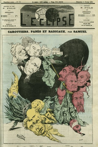 Zanahorias, panes y radicales, los diferentes partidos políticos en verduras en la olla del poder. Dibujo reemplazando la caricatura de Gill, censurada. Portada en 