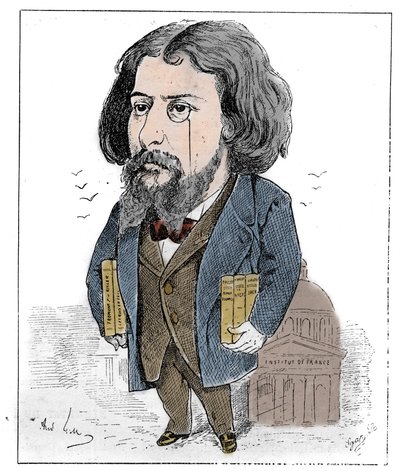Caricatura de Alphonse Daudet (1840-1897), escritor francés, representado con sus libros y su monóculo frente al Instituto de Francia en París. Dibujo de André Gill. Grabado en "Le Monde Illustré" de Andre Gill