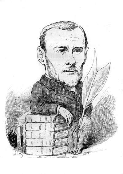 Caricatura de Georges Ohnet (1848-1918), un escritor francés representado con sus libros y pluma. Dibujo de Andre Gill. Grabado en "Le Monde Illustré" de Andre Gill