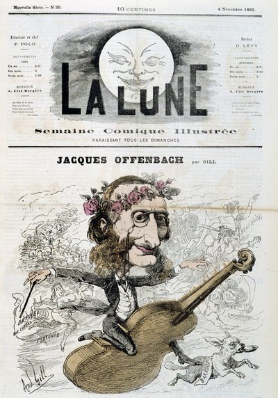 Caricatura de Jacques Offenbach (1819 - 1880), montando un violín - por Gill en "La Lune" del 04/11/1866 de Andre Gill