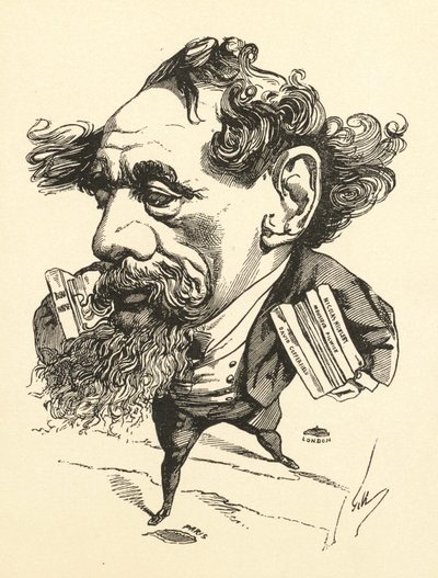 Caricatura de Charles Dickens cruzando el canal de la Mancha de Andre Gill