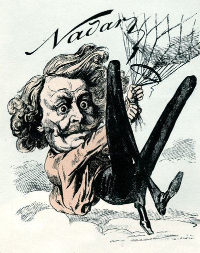 Caricatura de Felix Nadar, pionero de la fotografía aérea en 1858, aquí colgado de su globo (grabado) de Andre Gill