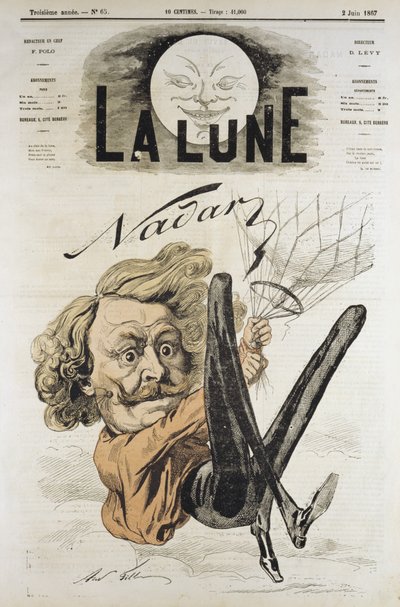 Caricatura de Félix Nadar, pionero de la fotografía aérea en 1858, aquí colgado de su globo de Andre Gill