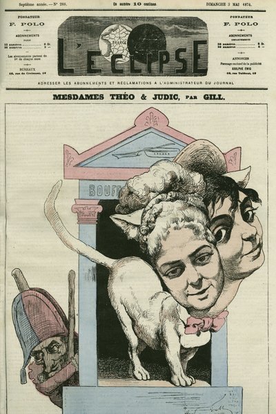 Caricatura de las damas Louise Theo y Anna Judic, cantantes en una obra de Jacques Offenbach (1819-1880), compositor. Portada en "L