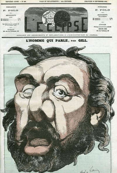 Caricatura de "el hombre que habla", Leon Gambetta (1838-1882), político francés. Portada en "L