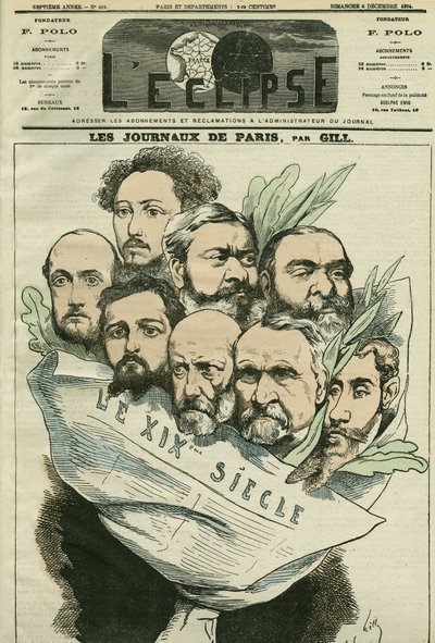 Caricatura del equipo del periódico “Le XIXe siècle”, dirigido por Edmont About (1828-?), un hombre de letras francés. Portada en “L