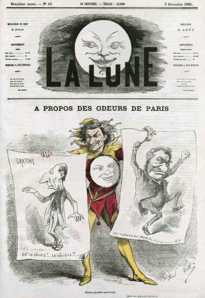 Caricatura sobre un libro "Los olores de París" de Louis Veuillot (1813-1883), escritor francés. Caricatura de Gill, en "La Luna", 9 de diciembre de Andre Gill