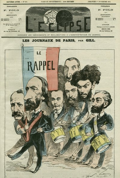 Caricatura “el recuerdo” de la República por los periódicos de París, con Paul Meurice (1818-1905), Auguste Vacquerie (1819-1895), Gaulier, Blum, Lefevre, D