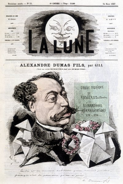 Dibujo cómico sobre Alexandre Dumas Fils por Gill. Portada de “La Lune” del 24/03/1867 de Andre Gill