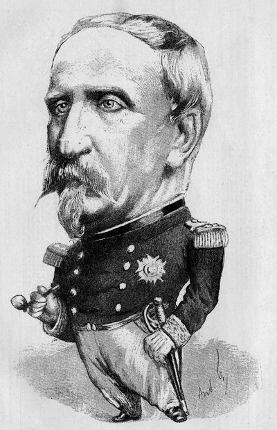 Dibujo de Andre Gill representando al Duque de Aumale (1822-1897), político e historiador francés, miembro de la Academia Francesa. Grabado en "El Mundo Ilustre" 1885 de Andre Gill