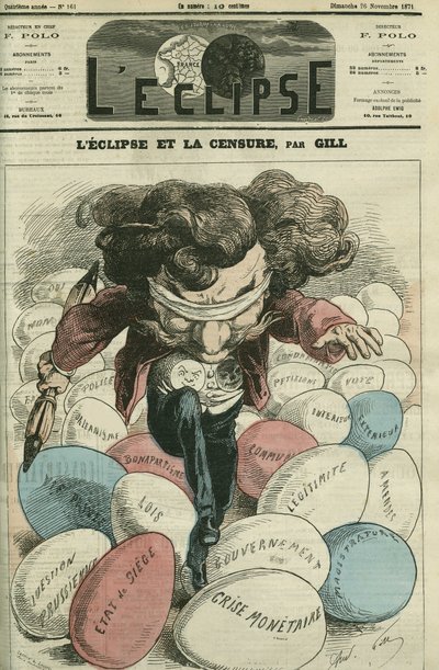 Eclipse y censura, una ilustración de Gill caminando sobre huevos. Portada en “L