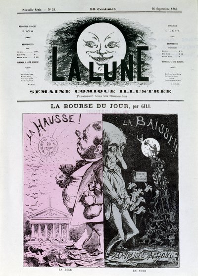 La beca de Gill del día. En rosa: el aumento del franco. En negro: caída y malas acciones. Las bolsas de valores se van a Bélgica. Uno del periódico 