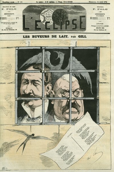 Hippolyte de Villemessant (1810-1879), fundador de Le Figaro y Francis Magnard (1837-1894) periodista y colaborador principal de Villemessant. El periódico será eliminado bajo la Comuna y reestablecido bajo Thiers. Portada en “L