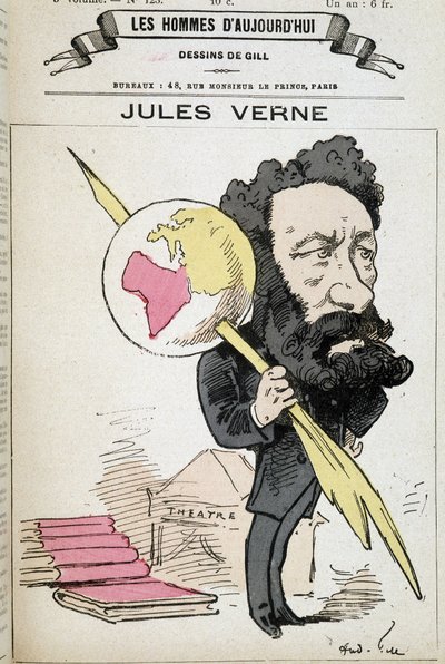 Jules Verne pellizcando la tierra con su pluma - por Gill, en "Los hombres de hoy" de Andre Gill