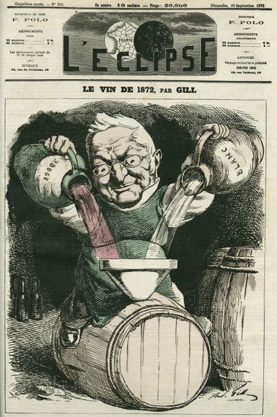El vino de 1872, ilustración de Adolphe Thiers mezclando vino blanco y tinto (1797-1877), historiador y estadista francés. Portada en "L