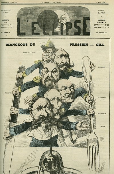 Vamos a comer prusiano con los generales Le Boeuf, Mac-Mahon, Francois Achille Bazaine de Andre Gill