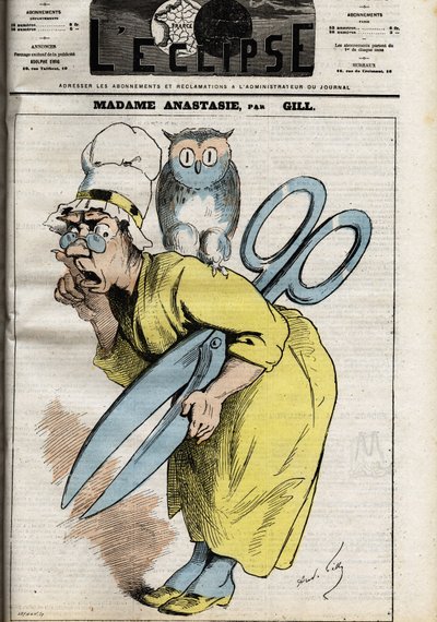 Madame Anastasia con las tijeras de la censura. Anastasia simboliza la censura de la prensa y la publicación y probablemente toma su nombre del Papa Anastasio I, quien prohíbe ciertos libros que no corresponden a la cosmología cristiana. Ilustración de And de Andre Gill