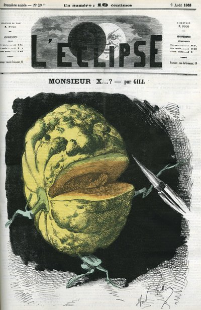 Sr. X... una ilustración de un melón por Gill en reacción a la censura. Portada en “L