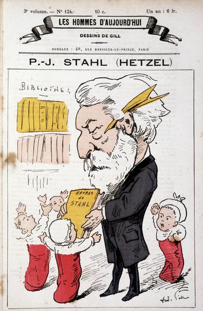 Retrato-caricatura de Pierre Jules Hetzel ofreciendo las obras de Stahl (su seudónimo) a los niños, "Los Hombres de Hoy", s.d. finales del siglo XIX de Andre Gill
