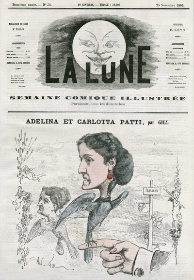 Retrato de Adelina (1843-1919) y Carlotta Patti (1835-1889), cantantes de ópera italianas. Caricatura de Gill, en 