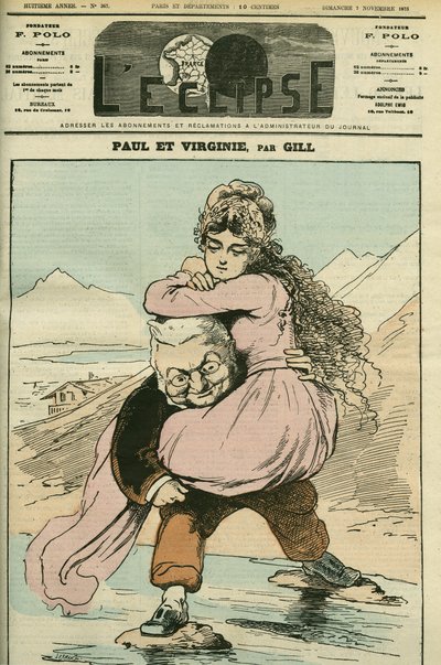 Retrato de Adolphe Thiers (1797-1877), historiador y político francés, representado en "Paul et Virginie" (la República). Portada en "L