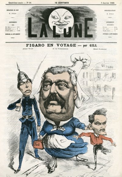 Retrato de Albert Wolff, Hippolyte de Villemessant y Henri Rochefort, periodistas en el Figaro. Caricatura de Gill, en 