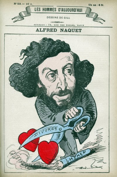 Retrato de Alfred Naquet (1834-1916), un médico, químico y político francés, restableció la ley que autorizaba el divorcio en 1884. Caricatura de Gill, París. de Andre Gill
