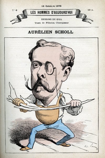Retrato de Aurelien Scholl (1833-1902), periodista, escritor y comediante francés. Caricatura por Gill, París de Andre Gill