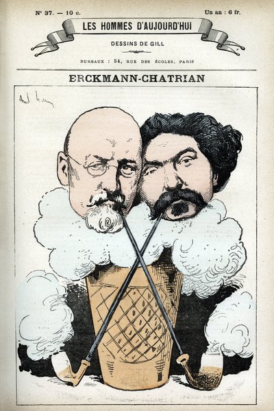 Retrato de Emile Erckmann (1822-1899) y Alexandre Chatrian (1826-1890), novelistas franceses. Caricatura por Gill, en Les Homme d