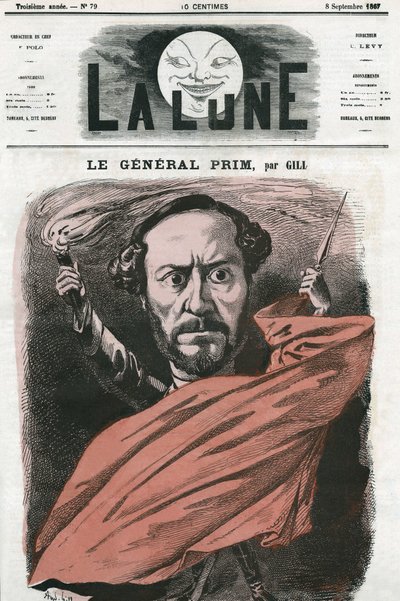 Retrato del General Juan Prim (1814-1870), militar y político español. Caricatura de Gill, en 