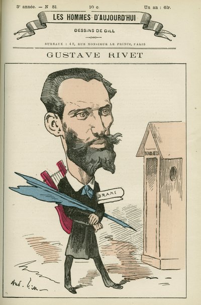 Retrato de Gustave Rivet (1848-1936), un ensignante y político francés, fue senador de Isere de 1903 a 1924. Caricatura de Gill, París de Andre Gill