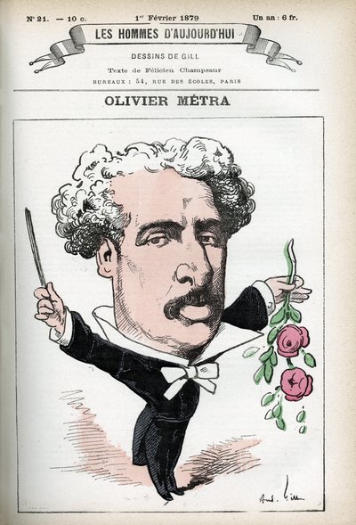 Retrato de Olivier Metra (1830-1889), actor francés, compositor popular. Caricatura por Gill, en “Les Homme d