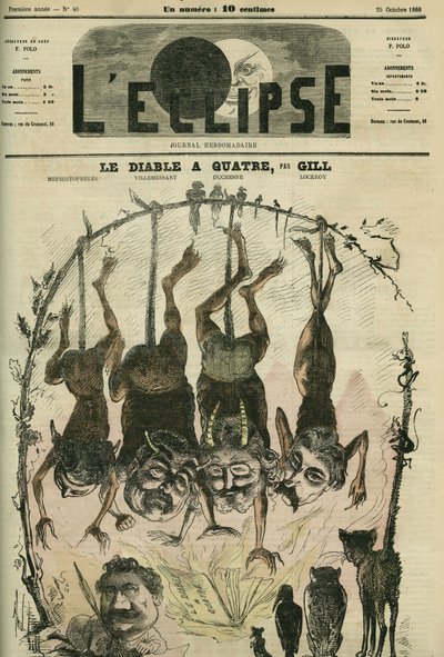 El diablo tiene cuatro, panfleto político rediseñado por Mefistófeles alias Wolff, Villemessant, Duchesne, y su caricaturista Benassit. Portada en “L