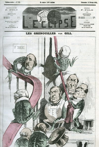 Las ranas, una caricatura de políticos en el gobierno del Presidente Thiers en ranas. Portada en "L