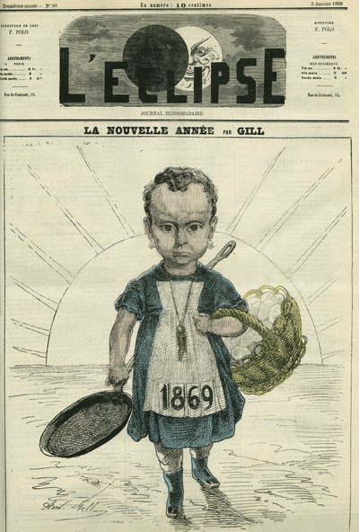 El Año Nuevo, ilustración de una niña sosteniendo una estufa y una canasta de huevos. Portada en 